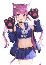 Rule 34 | 1girl, :d, absurdres, ahoge, animal ear fluff, animal ears, animal hands, bare shoulders, belt, blouse, blue jacket, blue shirt, blue skirt, braid, breasts, cat ears, cat girl, cat tail, choker, cleavage, collarbone, colored inner hair, commentary, cowboy shot, crop top, extra ears, fang, gloves, hands up, highres, hokori sakuni, hololive, jacket, kemonomimi mode, long hair, looking at viewer, medium breasts, midriff, minato aqua, miniskirt, multicolored hair, navel, neck bell, off shoulder, open clothes, open jacket, open mouth, paw gloves, pleated skirt, purple eyes, purple hair, sailor collar, shirt, simple background, skirt, sleeveless, sleeveless shirt, smile, solo, stomach, streaked hair, tail, twintails, two-tone hair, very long hair, virtual youtuber, white background