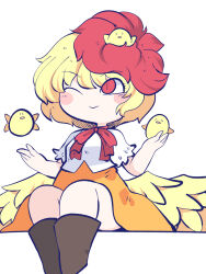 Rule 34 | 1girl, animal, animal on head, bird, bird on head, blonde hair, blush stickers, boots, brown footwear, chahan (fried rice0614), chick, closed mouth, dress, highres, multicolored hair, niwatari kutaka, on head, one-hour drawing challenge, one eye closed, orange dress, red eyes, red hair, shirt, short hair, short sleeves, simple background, smile, solo, touhou, two-tone hair, white background, white shirt