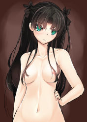 Rule 34 | &gt;:(, 1girl, arm at side, black ribbon, blush, breasts, brown background, brown hair, closed mouth, collarbone, colored eyelashes, completely nude, dobunezumi, eyelashes, fate/stay night, fate (series), frown, green eyes, hair over breasts, hair ribbon, hand on own hip, head tilt, long hair, looking at viewer, navel, nipples, nude, out-of-frame censoring, parted bangs, ribbon, serious, simple background, small breasts, solo, stomach, tohsaka rin, tsurime, v-shaped eyebrows, very long hair