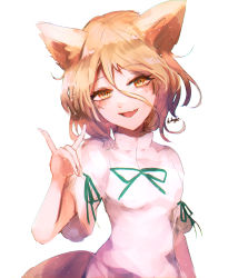 Rule 34 | 1girl, animal ears, artist name, blonde hair, blush, bow, breasts, fox ears, fox tail, green bow, hair between eyes, hand up, highres, hikage (0hi kageo), jumpsuit, kudamaki tsukasa, looking at viewer, medium breasts, one-hour drawing challenge, open mouth, puffy short sleeves, puffy sleeves, short hair, short sleeves, simple background, smile, solo, tail, tongue, touhou, white background, white jumpsuit, white sleeves, yellow eyes