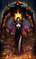 Rule 34 | 00s, 1girl, absurdres, black dress, breasts, cleavage, cleavage cutout, clothing cutout, demon, dress, easonx, fire, full body, glowing, glowing eyes, high collar, highres, large breasts, lips, lipstick, long sleeves, magic, makeup, mole, lava, original, purple hair, short hair, side slit, signature, spikes, standing, swept bangs, wide sleeves