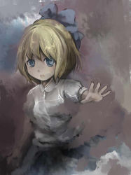 Rule 34 | 1girl, alice margatroid, alice margatroid (pc-98), blonde hair, blue eyes, collared shirt, cowboy shot, female focus, looking at viewer, mathnote, mystic square, outstretched arm, shirt, short hair, smile, solo, touhou, touhou (pc-98), white shirt
