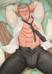 Rule 34 | 1boy, abs, arms behind head, bara, beard, black necktie, bulge, cerberus arts, character request, copyright request, feet out of frame, from above, full beard, grey hair, highres, large bulge, loose necktie, male focus, male pubic hair, mature male, muscular, muscular male, navel, navel hair, necktie, nipple slip, nipples, old, old man, on bed, one eye closed, open clothes, open shirt, paid reward available, pants, pectoral cleavage, pectorals, pubic hair, scar, scar across eye, short hair, smirk, smug, solo, sparse navel hair, spread legs, stomach, thick thighs, thighs, wrinkled skin