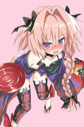 Rule 34 | 1boy, astolfo (fate), bare shoulders, blush, braid, cosplay, cup, fate/apocrypha, fate/grand order, fate (series), hair ribbon, highres, japanese clothes, kimono, long hair, looking at viewer, male focus, navel, off shoulder, open mouth, pink hair, purple eyes, revealing clothes, ribbon, shuten douji (fate) (cosplay), shuten douji (fate), smile, solo, trap, ugatsu matsuki