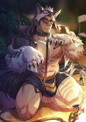 Rule 34 | 3boys, abs, alca (wakatanka4), animal ears, animal hood, bara, bare pectorals, belt collar, black hair, blue male underwear, boxers, bulge, chibi, collar, commission, dog boy, dog ears, dog tail, facial hair, glasses, goatee, gyee, highres, hood, humanization, large pectorals, leg hair, lion tail, long sideburns, male focus, male underwear, mature male, multiple boys, muscular, muscular male, navel, navel hair, nipples, original, paw pose, pectorals, print male underwear, short hair, sideburns, solo focus, squatting, stomach, stubble, tail, thick eyebrows, thick thighs, thighs, underwear, xiawenjie