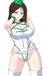 Rule 34 | 1girl, belt, black hair, blue eyes, bracelet, breasts, cameltoe, cleavage, commentary request, covered erect nipples, criss-cross halter, garrison cap, girls und panzer, green hat, halterneck, hat, highleg, highleg leotard, highres, jewelry, large breasts, leotard, long hair, looking at viewer, muchabou, nonna (girls und panzer), short hair, simple background, solo, thighhighs, white background, white belt, white thighhighs