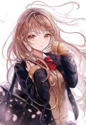 Rule 34 | 1girl, absurdres, bag, black jacket, blazer, blush, bow, bowtie, brown cardigan, brown eyes, brown hair, cardigan, closed mouth, cowboy shot, highres, jacket, long hair, long sleeves, looking at viewer, open clothes, open jacket, original, petals, pipi, red bow, red bowtie, school bag, simple background, sleeves past wrists, solo, unbuttoned, white background, wind