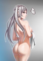 Rule 34 | 1girl, absurdres, ass, back, blush, breasts, butt crack, fire emblem, fire emblem awakening, fire emblem heroes, from behind, grey eyes, highres, large breasts, long hair, looking at viewer, looking back, nintendo, nude, robin (female) (fire emblem), robin (fire emblem), showering, silver hair, solo, standing, toraji (tigertime), twintails