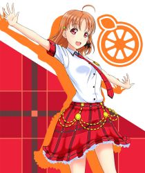 Rule 34 | 1girl, arjend, artist name, artist request, badge, black bow, bow, buttons, checkered clothes, checkered neckwear, checkered skirt, clover hair ornament, collared dress, collared shirt, dress, female focus, genki zenkai day! day! day!, hair ornament, love live!, love live! school idol festival, love live! sunshine!!, orange hair, outstretched arms, red eyes, red neckwear, red skirt, shirt, short hair, skirt, solo, takami chika, white background, white shirt