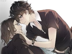 Rule 34 | 2boys, amamiya ren, black eyes, black hair, black jacket, black shirt, commentary request, eye contact, facial hair, glasses, hair between eyes, hand on another&#039;s chin, hasegawa zenkichi, jacket, looking at another, male focus, multiple boys, persona, persona 5, persona 5 scramble: the phantom strikers, shirt, short sleeves, simple background, sonomi, sweat, twitter username, upper body, watch, wristwatch, yaoi