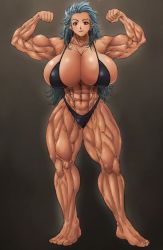 Rule 34 | 1girl, abs, artist request, biceps, bikini, breasts, dorohedoro, earrings, extreme muscles, female focus, huge breasts, jewelry, long hair, muscular, muscular female, noi (dorohedoro), red eyes, solo, swimsuit, thick thighs, thighs, white hair