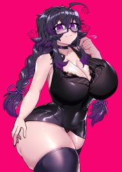Rule 34 | 1girl, absurdres, bare shoulders, black skirt, black thighhighs, bra, braid, braided ponytail, breasts, choker, cleavage, collarbone, dress, eyewear on head, feet out of frame, g-string, groin, hair between eyes, hair ribbon, hand on own hip, hand up, highres, lace, lace-trimmed bra, lace panties, lace trim, large breasts, lingerie, long hair, merryweather, messy hair, navel, nyarla (osiimi), office lady, original, osiimi, panties, ponytail, purple eyes, purple hair, ribbon, shiny skin, short dress, sidelocks, simple background, skirt, smile, solo, thighhighs, thighs, thong, twin braids, twintails, underwear
