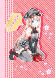 Rule 34 | 10s, :o, bad id, bad pixiv id, bismarck (kancolle), blonde hair, blue eyes, boots, box, character name, dress, flower, gift, gift box, grey dress, grey thighhighs, hat, kantai collection, long hair, priyaphr, text focus, thighhighs