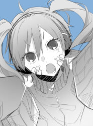 Rule 34 | 1girl, :o, absurdres, blue background, collared jacket, commentary, ene (kagerou project), eyes visible through hair, facial mark, greyscale with colored background, hair between eyes, headphones, highres, jacket, kagerou project, long hair, looking at viewer, lower teeth only, open mouth, popped collar, portrait, saitou shiori (pixiv14549321), simple background, sleeves past fingers, sleeves past wrists, solo, teeth, track jacket, very long sleeves, zipper pull tab