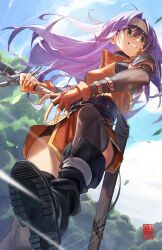 Rule 34 | 1girl, ahoge, bare shoulders, belt, black footwear, black gloves, black shorts, boots, commission, daniel deng, elbow gloves, fingerless gloves, fire emblem, fire emblem: path of radiance, fire emblem: radiant dawn, foreshortening, from below, gloves, green eyes, grin, hairband, headband, highres, holding, holding sword, holding weapon, long hair, looking to the side, mia (fire emblem), nintendo, orange gloves, purple hair, sheath, short shorts, shorts, smile, solo, sword, thighhighs, weapon, white hairband