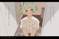 Rule 34 | 1girl, alternate costume, braid, braided ponytail, bright pupils, brown skirt, buttons, chis-a, collared shirt, commentary request, doorway, entrance, floating hair, green eyes, green hair, head tilt, highres, house, letterboxed, long hair, looking at viewer, lyrics, pov, puffy short sleeves, puffy sleeves, sabaku (saba9), shadow, shirt, shirt tucked in, shoes, short sleeves, skirt, smile, solo, song name, traditional media, translation request, unworn shoes, upper body, v arms, voisona, watercolor pencil (medium), wavy mouth, white pupils, white shirt