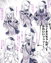 Rule 34 | 1girl, blush, breasts, collarbone, commentary request, covering privates, demon tail, fate/grand order, fate (series), gloves, greyscale, grin, hat, highres, holding, long hair, long sleeves, looking at viewer, lord el-melloi ii case files, medium breasts, monochrome, multiple views, naked towel, nude cover, open mouth, reines el-melloi archisorte, smile, sword, tail, tearing up, towel, translation request, weapon, yamamori maitake