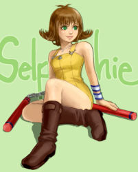 Rule 34 | 1990s (style), 1girl, arm support, bare shoulders, beri, beri (agnes60), boots, bracelet, breasts, brown hair, chain, character name, curly hair, dress, female focus, final fantasy, final fantasy viii, flipped hair, green eyes, jewelry, leaning back, necklace, nunchaku, retro artstyle, selphie tilmitt, short dress, short hair, sitting, skirt, smile, solo, striped clothes, striped dress, thighs, weapon, wristband, yellow dress, yellow skirt