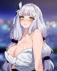 Rule 34 | 1girl, acaa, bare shoulders, blurry, blurry background, blush, breasts, cleavage, collarbone, crying, crying with eyes open, frown, girls&#039; frontline, green eyes, hair ornament, hair scrunchie, hk416 (girls&#039; frontline), hk416 (starry cocoon) (girls&#039; frontline), large breasts, long hair, looking at viewer, official alternate costume, scrunchie, solo, tears, upper body