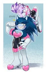 Rule 34 | 1boy, 1girl, absurdres, animal ears, blaze the cat, blue fur, bodysuit, cat ears, cat girl, cat tail, cosplay, fangs, forehead jewel, furry, furry female, furry male, gloves, green eyes, hand on own hip, heart, highres, looking at viewer, one eye closed, ponytail, purple fur, rouge the bat, rouge the bat (cosplay), smile, sonic (series), sonic the werehog, tail, tusk nx, white footwear, white gloves, yellow eyes