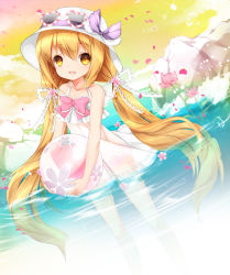 Rule 34 | 1girl, bad id, bad pixiv id, ball, brown hair, dress, flower, happy, hat, juna, long hair, original, partially submerged, petals, sky, solo, standing, sunglasses, twintails, wading, water, yellow eyes