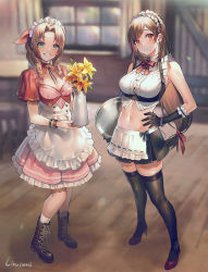 Rule 34 | 2girls, aerith gainsborough, alternate costume, apron, armpit peek, bare shoulders, black gloves, black hair, black skirt, black thighhighs, blurry, boots, breasts, brown hair, buttons, crop top, depth of field, dress, enmaided, final fantasy, final fantasy vii, final fantasy vii remake, flower, frills, full body, gloves, green eyes, grin, groin, hand on own hip, high heels, highres, holding, large breasts, lino chang, long hair, looking at viewer, maid, maid apron, maid headdress, medium breasts, midriff, miniskirt, multiple girls, navel, neck ribbon, parted bangs, pink dress, red eyes, red footwear, ribbon, shadow, shirt, short sleeves, signature, skirt, sleeveless, sleeveless shirt, smile, socks, standing, stomach, thighhighs, tifa lockhart, tray, underbust, vase, very long hair, waist apron, white legwear, white shirt, wing collar, wristband, yellow flower, zettai ryouiki