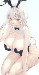 Rule 34 | 1girl, absurdres, animal ears, bare shoulders, bow, bowtie, breasts, bunny day, copyright request, fake animal ears, highres, large breasts, murata tefu, playboy bunny, rabbit ears, rabbit tail, red eyes, solo, tail, white hair