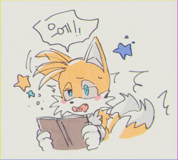 Rule 34 | 1boy, animal ears, animal nose, banri 0917, blue eyes, blush, book, commentary request, fang, fox boy, fox ears, fox tail, furry, furry male, gloves, grey background, holding, holding book, korean commentary, korean text, male focus, multiple tails, open mouth, simple background, solo, sonic (series), speech bubble, star (symbol), tail, tails (sonic), translation request, two tails, upper body, white gloves
