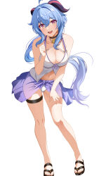 Rule 34 | 1girl, absurdres, ahoge, bell, bikini, blue hair, blush, breasts, bu weizhuang, cleavage, collarbone, frills, full body, ganyu (genshin impact), genshin impact, highres, horns, long hair, looking at viewer, medium breasts, navel, neck bell, open mouth, purple eyes, sandals, sidelocks, simple background, smile, solo, standing, swimsuit, thighs, white background