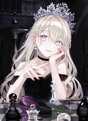 Rule 34 | 1girl, bare shoulders, black choker, black dress, board game, brown hair, chess, chess piece, chessboard, choker, collarbone, commentary, dress, earrings, english commentary, flower, grey eyes, hair between eyes, hands up, highres, indoors, iren lovel, jewelry, looking at viewer, off-shoulder dress, off shoulder, original, parted lips, purple flower, purple rose, rose, smile, solo, tiara