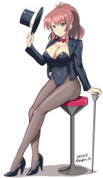 Rule 34 | 1girl, bare shoulders, black footwear, black leotard, black pantyhose, blue eyes, blush, bow, bowtie, breasts, brown hair, cane, cleavage, covered navel, dated, detached collar, hair between eyes, hat, high heels, high side ponytail, highres, holding, holding clothes, holding hat, kantai collection, kishi nisen, large breasts, leotard, leotard under clothes, long hair, looking at viewer, magician, pantyhose, ponytail, saratoga (kancolle), sitting, smile, solo, strapless, strapless leotard, tailcoat, top hat, twitter username, wand