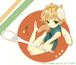 Rule 34 | bad id, bad pixiv id, blonde hair, china dress, chinese clothes, dress, green eyes, mini person, minigirl, original, personification, sitting, solo, spoon, takeda mika, wings