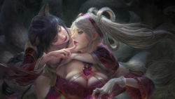 Rule 34 | 2girls, ahri (league of legends), breasts, cleavage, dress, highres, large breasts, league of legends, multiple girls, sona (league of legends), sweetheart sona