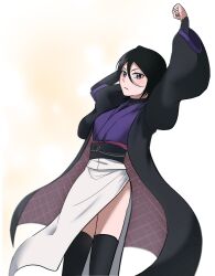 Rule 34 | 1girl, alternate costume, arms up, black hair, black sash, black thighhighs, bleach, blue kimono, blush, closed mouth, double-parted bangs, feet out of frame, floating clothes, gwao ( ul 13), hair between eyes, highres, hip vent, japanese clothes, kimono, kuchiki rukia, layered clothes, layered kimono, long sleeves, looking at viewer, open clothes, open kimono, purple eyes, purple kimono, sash, short hair, simple background, skirt, solo, standing, thighhighs, v-shaped eyebrows, white skirt, wide sleeves