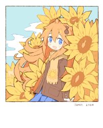 Rule 34 | 1girl, :d, ahoge, arms at sides, blue eyes, blue skirt, blue sky, blush, border, brown jacket, cloud, cloudy sky, cowboy shot, dated, day, eighth note, english text, floating hair, floral print, flower, fortissimo, fringe trim, from side, hair between eyes, hair ornament, jacket, long hair, long sleeves, looking at viewer, looking to the side, melanbread, musical note, musical note hair ornament, no nose, open mouth, orange hair, original, outdoors, pleated skirt, pocket, print scarf, scarf, sidelocks, skirt, sky, smile, solo, standing, sunflower print, tareme, white border, yellow flower, yellow scarf