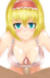 Rule 34 | 1girl, aankau, alice margatroid, blonde hair, bra, breasts, closed mouth, green eyes, hairband, looking at viewer, medium breasts, paizuri, penis, pov, simple background, smile, solo focus, touhou, uncensored, underwear