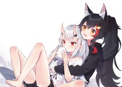 Rule 34 | 2girls, :d, animal ear fluff, animal ears, bad id, bad twitter id, barefoot, black hair, black hoodie, black shorts, brown eyes, commentary request, cup, deany, drinking, hair ornament, hairclip, highres, holding, holding cup, hololive, hood, hoodie, horns, hug, hug from behind, knees up, long hair, long sleeves, looking at another, looking away, multicolored hair, multiple girls, nakiri ayame, ookami mio, ookami mio (casual), open mouth, ponytail, red eyes, red hair, shirt, short shorts, short sleeves, shorts, silver hair, sitting, skin-covered horns, smile, streaked hair, very long hair, virtual youtuber, white shirt, wolf ears