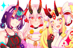 Rule 34 | 3girls, @ @, bare shoulders, black gloves, blonde hair, blush, bow, breasts, chinese clothes, choker, closed mouth, collarbone, dudou, earrings, elbow gloves, eyeliner, facial mark, fang, fate/grand order, fate (series), finger to cheek, fingerless gloves, fingernails, forehead, forehead jewel, forehead mark, gloves, hair between eyes, hair pulled back, headband, headpiece, heart, horns, ibaraki douji (fate), ibaraki douji (fate/grand order), ibaraki douji (swimsuit lancer) (fate), ibaraki douji (swimsuit lancer) (third ascension) (fate), ironashi (pixiv34517100), japanese clothes, jewelry, kimono, large breasts, long hair, looking at viewer, low twintails, makeup, multiple girls, one-piece swimsuit, oni, pointy ears, purple eyes, purple hair, red bow, red eyes, sash, sharp fingernails, short eyebrows, short hair, short twintails, shuten douji (fate), shuten douji (fate/grand order), shuten douji (halloween caster) (fate), sidelocks, silver hair, simple background, skin-covered horns, small breasts, smile, sparkle, star (symbol), star print, swimsuit, tattoo, tomoe gozen (fate), twintails, very long hair, white background, white kimono, white one-piece swimsuit, yellow eyes