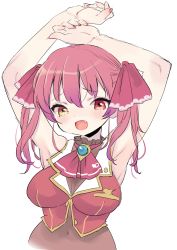 Rule 34 | 1girl, :o, armpits, arms up, ascot, blush, breasts, brooch, cleavage, covered navel, cropped torso, fang, heterochromia, highres, hololive, houshou marine, jewelry, large breasts, long hair, maitou, red eyes, red hair, see-through, see-through cleavage, simple background, solo, twintails, virtual youtuber, white background, yellow eyes