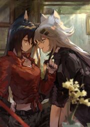 Rule 34 | 2girls, animal ears, arknights, arm around waist, black hair, black necktie, black pants, black shirt, blue eyes, breasts, cleavage, commentary request, cowboy shot, face-to-face, flower, from side, grey hair, highres, lappland (arknights), long hair, long sleeves, looking at another, medium breasts, moriiii, multiple girls, necktie, necktie grab, neckwear grab, official alternate costume, open mouth, pants, profile, red eyes, red shirt, shirt, smile, texas (arknights), texas (willpower) (arknights), tied shirt, very long hair, wolf ears, wolf girl, yuri