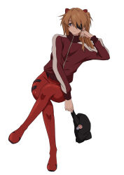 Rule 34 | 1girl, artist request, ass, blue eyes, bodysuit, brown hair, crossed legs, evangelion: 3.0 you can (not) redo, eyepatch, full body, hat, highres, invisible chair, jacket, long hair, looking to the side, neon genesis evangelion, plugsuit, rebuild of evangelion, red bodysuit, shiny clothes, simple background, sitting, souryuu asuka langley, track jacket, white background
