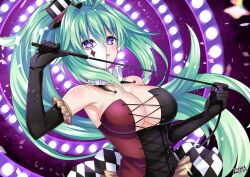 Rule 34 | 1girl, breasts, cleavage, corset, gloves, green hair, green heart (neptunia), highres, kuma (artist), large breasts, long hair, looking at viewer, mask, neptune (series), open mouth, ponytail, purple eyes, smile, solo, whip