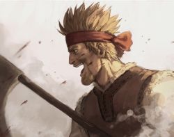 Rule 34 | 1boy, axe, blonde hair, blood, commentary, english commentary, headband, male focus, medium hair, open mouth, procreate (medium), red headband, solo, spiked hair, thorkell, upper body, vinland saga, yomimomsg