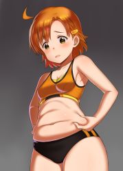 Rule 34 | 1girl, ahoge, armpits, asymmetrical bangs, bad id, bad pixiv id, bare arms, bare shoulders, belly, breasts, buruma, collarbone, cowboy shot, from below, gradient background, grey background, hair ornament, hairclip, idolmaster, idolmaster million live!, kkroe, looking down, muffin top, navel, orange hair, plump, short hair, small breasts, solo, sportswear, standing, stomach, tearing up, tears, weight conscious, yabuki kana, yellow eyes
