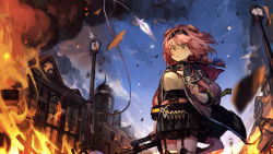 Rule 34 | 1girl, animal ears, arknights, black hairband, black skirt, blue bow, blue jacket, blue sky, bow, braid, building, burning, burning building, cat ears, cat girl, cat tail, city, cowboy shot, fire, floppy ears, garter straps, goldenglow (arknights), hair bow, hairband, highres, holding, id card, jacket, lamppost, lightning bolt print, long hair, multicolored clothes, multicolored jacket, night, night sky, open clothes, open jacket, outdoors, pink hair, pink jacket, print hairband, ribiadan, scissors, shirt, skirt, sky, smoke, solo, tail, thighhighs, two-tone jacket, white shirt, white thighhighs, wind, yellow eyes