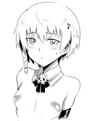 Rule 34 | 10s, 1girl, bandaid, bandaids on nipples, blush, braid, breasts, elbow gloves, em (totsuzen no hakike), flat chest, gloves, greyscale, kazari rin, monochrome, musical note, pasties, short hair, skull, small breasts, solo, upper body, witch craft works