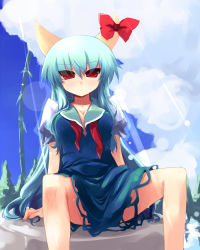 Rule 34 | 1girl, blue hair, breasts, cleavage, cloud, day, ex-keine, female focus, horns, kamishirasawa keine, large breasts, light rays, long hair, red eyes, ribbon, shin (new), sitting, solo, spread legs, sunbeam, sunlight, touhou, wet