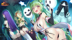 Rule 34 | 4girls, ahoge, armlet, ass, bikini, black bikini, black cat, black gloves, black hair, black skirt, black thighhighs, blonde hair, blue sleeves, breasts, bridal gauntlets, cat, character request, commentary request, copyright name, cropped shirt, crying, crying with eyes open, detached sleeves, double bun, dress, dutch angle, earrings, elbow gloves, forest, frown, ghost, ghost pose, gloves, green hair, hair bobbles, hair bun, hair ornament, hair over eyes, hair ribbon, hairband, halloween, halterneck, houchi shoujo, jewelry, large breasts, leaning forward, loincloth, long hair, microskirt, midriff, multiple girls, nature, official art, open mouth, orange eyes, outdoors, pelvic curtain, popqn, purple hair, red bikini, red ribbon, ribbon, scared, shirt, short dress, side-tie bikini bottom, skirt, slingshot dress, smile, star (symbol), straight hair, swimsuit, tassel, tassel hair ornament, tears, thigh strap, thighhighs, thong bikini, triangular headpiece, twintails, very long hair, white dress, white thighhighs, yellow shirt
