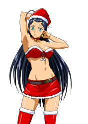 Rule 34 | 00s, 1girl, absurdres, aqua eyes, arm up, armpits, bare shoulders, belt, black hair, boots, breasts, earrings, groin, hat, highres, ikkitousen, jewelry, kakouen myousai, large breasts, looking at viewer, magatama, magatama earrings, midriff, navel, red hat, red skirt, santa boots, santa costume, santa hat, shiny skin, simple background, single earring, skirt, solo, strapless, white background