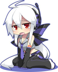 Rule 34 | 1girl, ahoge, between legs, blouse, blush, breasts, caffein, chibi, cleavage, crying, crying with eyes open, detached sleeves, grey shirt, hand between legs, headphones, long hair, looking at viewer, necktie, open mouth, ponytail, red eyes, shirt, silver hair, sitting, sobbing, solo, tears, v arms, very long hair, vocaloid, wariza, yowane haku